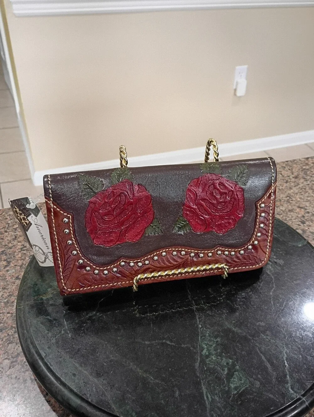 American West Handcrafted Brown Leather Clutch with Red Rose Embroidery